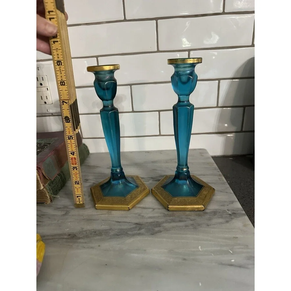 Pair of Vintage Fenton Celeste Blue & Gold Gilt Stretched 8.5 Inch Candlesticks